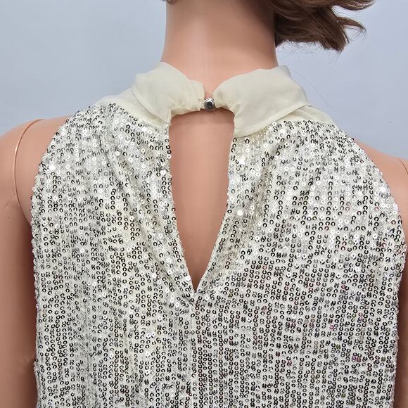 NWT Calvin Klein Sequin Top Blouse Size M Sleeveless Tie Front Halter neck Cream - Picture 8 of 12